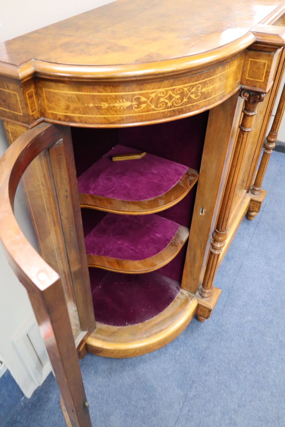 A Victorian walnut credenza, width 150cm, depth 46cm, height 110cm